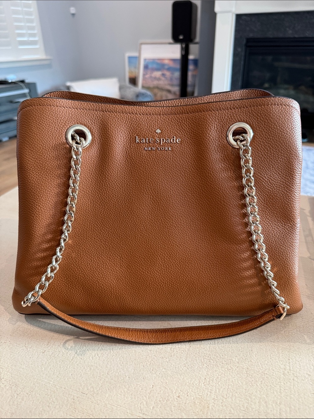 kate spade Brown Pebbled Leather Shoulder Bag with Silver Chain Handles